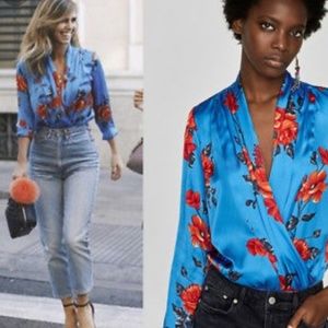 ZARA Silk blue with red flowers bodysuit top